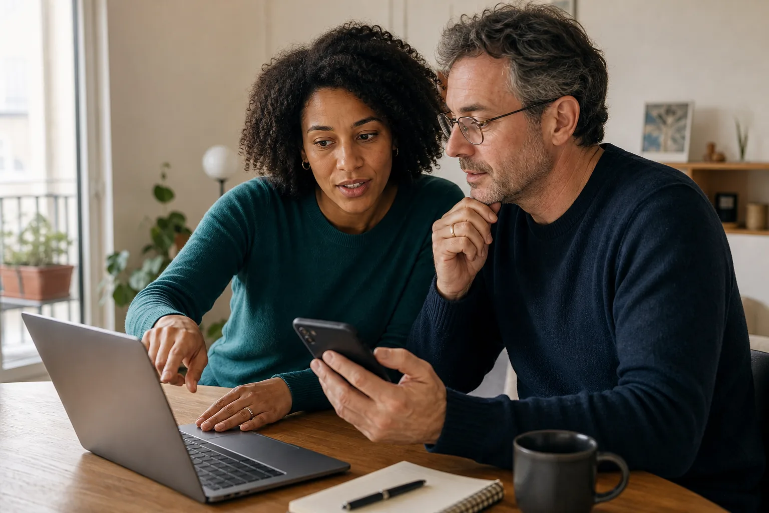 Deux adultes comparent des bagues connectées sur un ordinateur et un téléphone à leur domicile