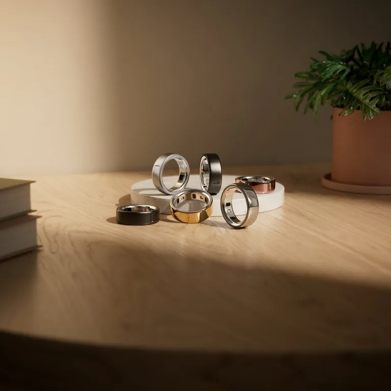 Plusieurs bagues Oura en différentes finitions posées sur une table
