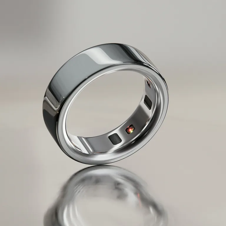 Oura Ring 4 en finition argent posée sur une surface claire