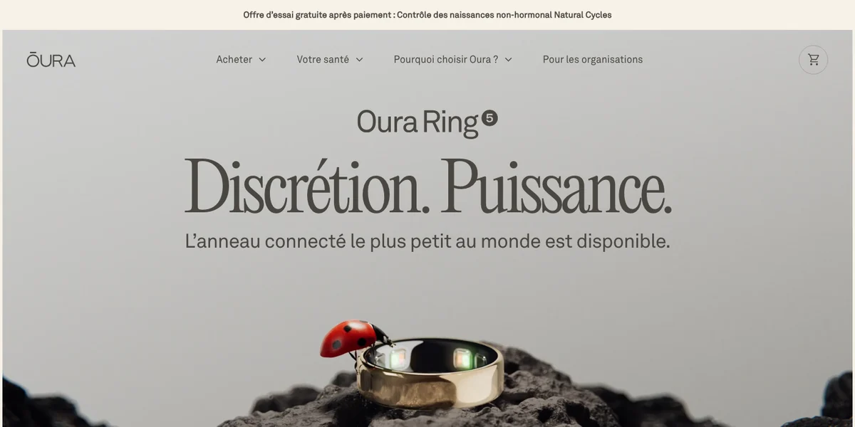 Page d’accueil du site officiel Oura affichant l’Oura Ring