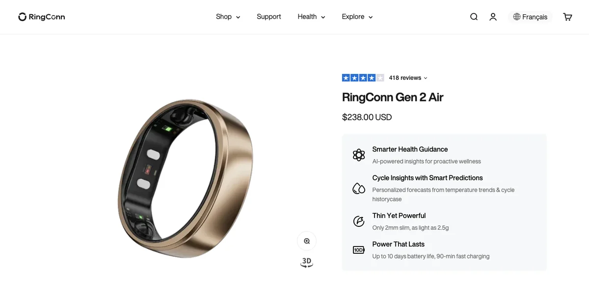 Page produit RingConn Gen 2 Air (boutique UE) affichant 209,00 €