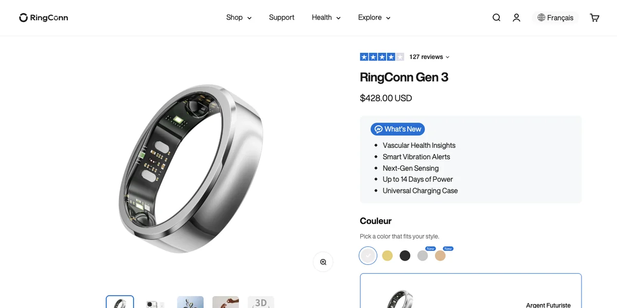 Page produit RingConn Gen 3 (boutique UE) affichant 369,00 €