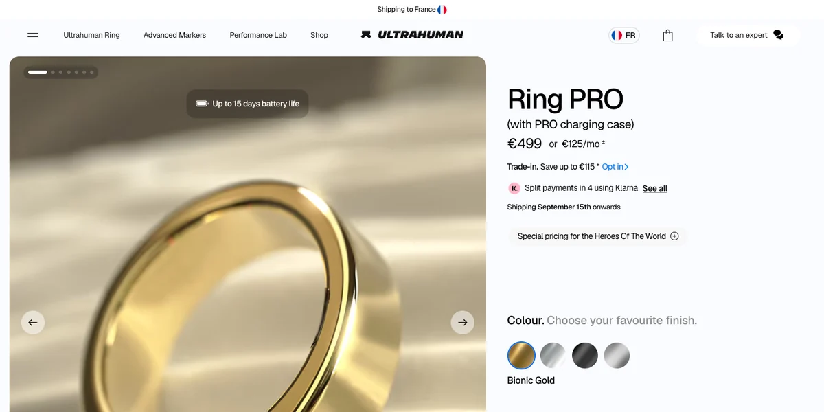 Page d’achat France du Ultrahuman Ring PRO affichant 499 € en précommande